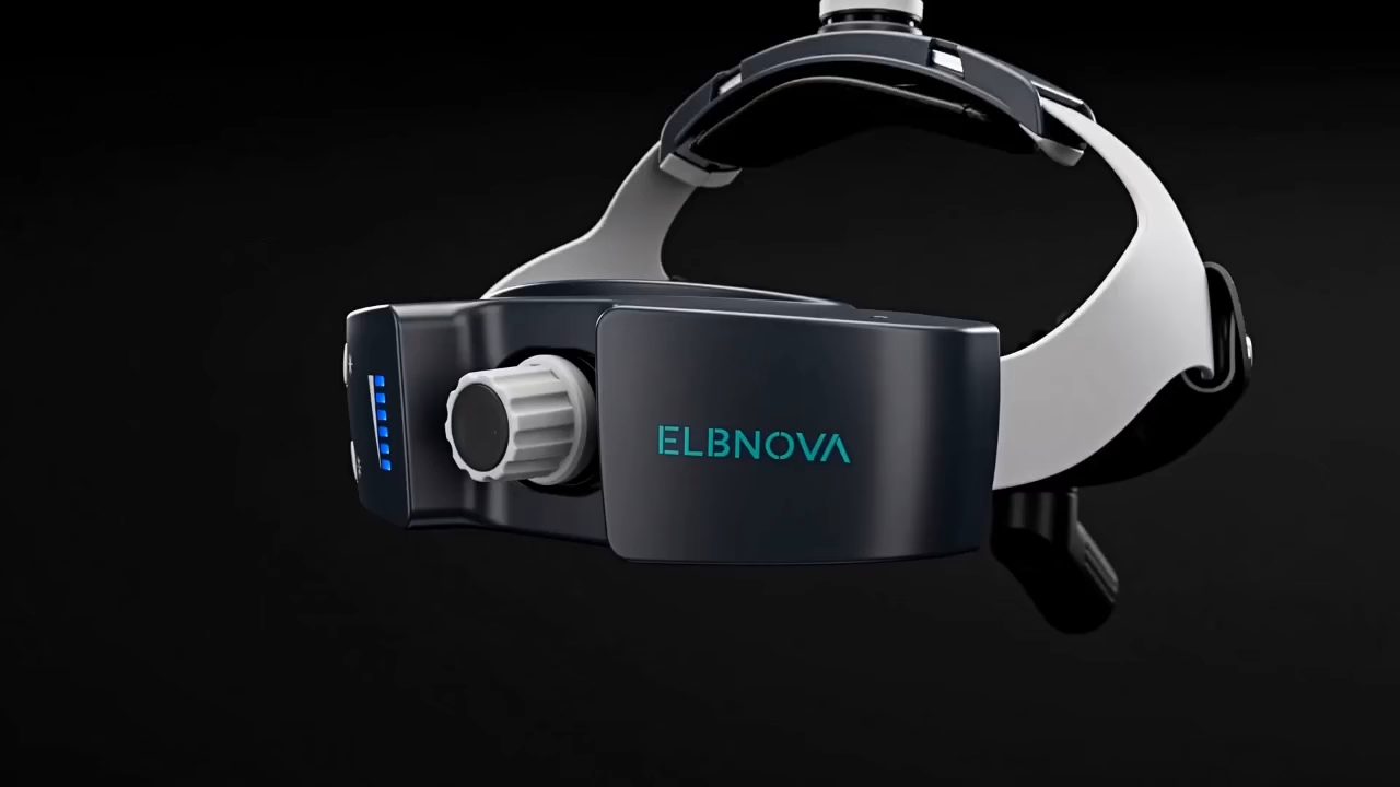 Elbnova LED medical headlight headband with its brightness indicator lit